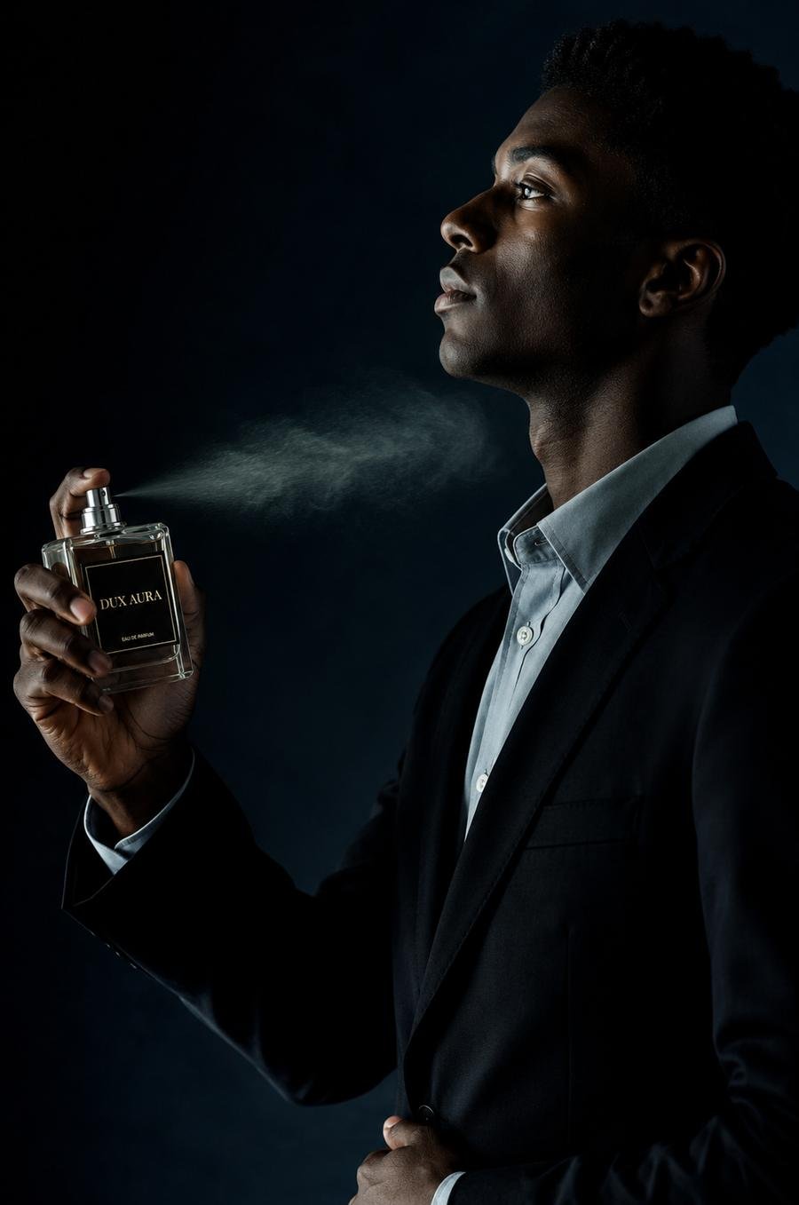 Man spraying Dux Aura fragrance